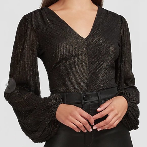 Express Tops - EXPRESS Metallic Pleated Puff Sleeve Bodysuit